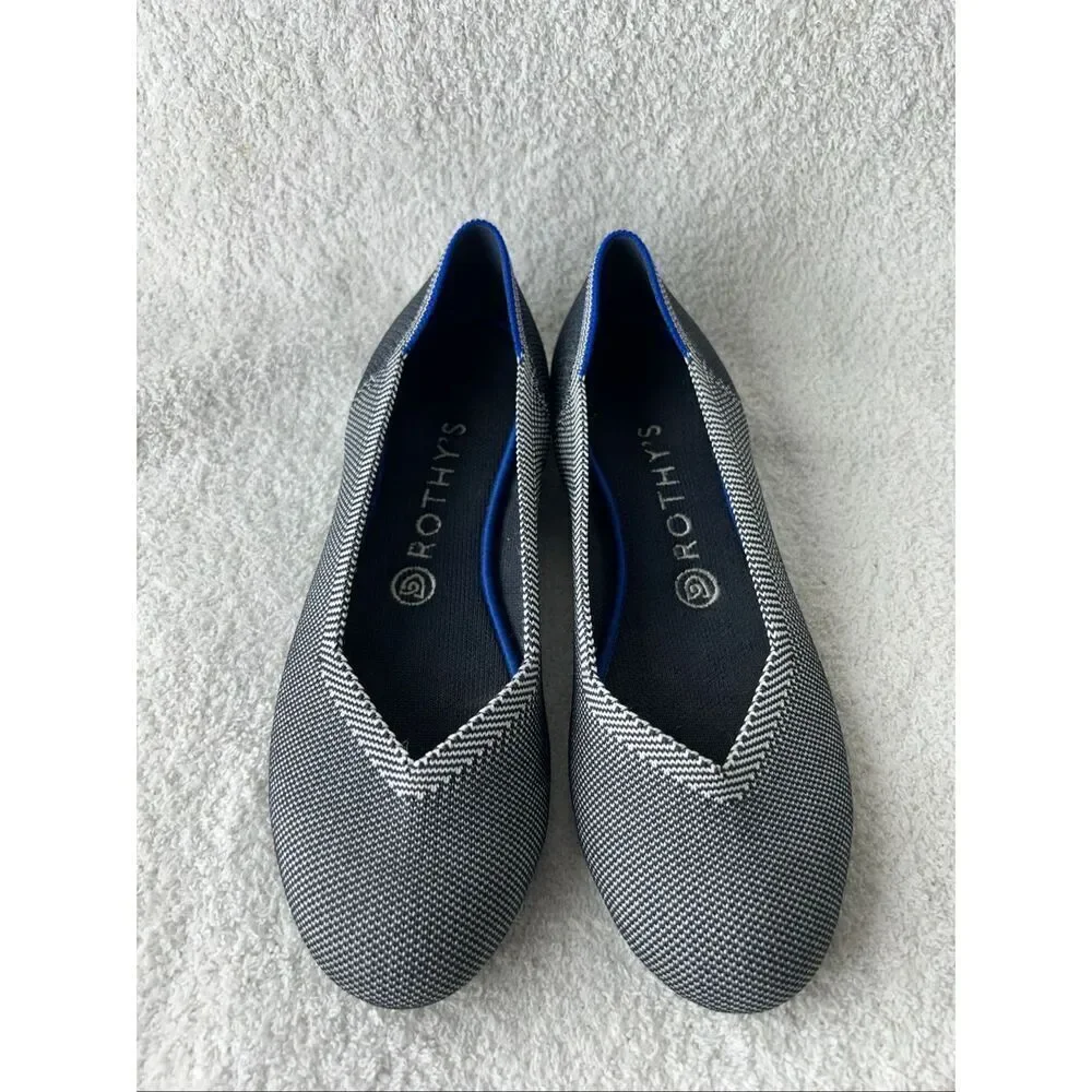Rothys cloud gray bird’s eye round flat Navy print size 8.5 - Picture 1 of 5